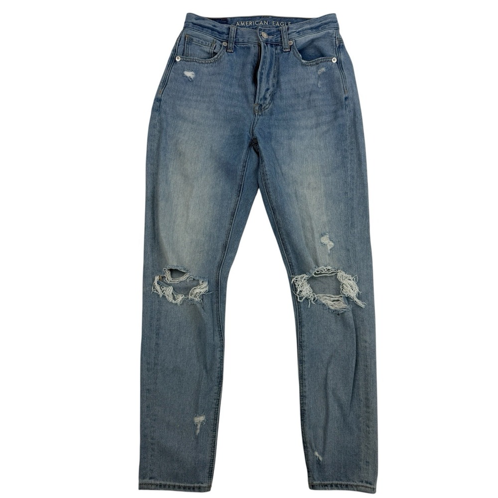 American Eagle Mom Jean Denim Blue Distressed Cotton Polyester Sz 00 Regular